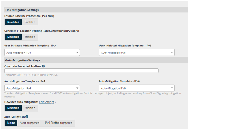 Sightline画面 - DDoSの閾値とアクションを指定