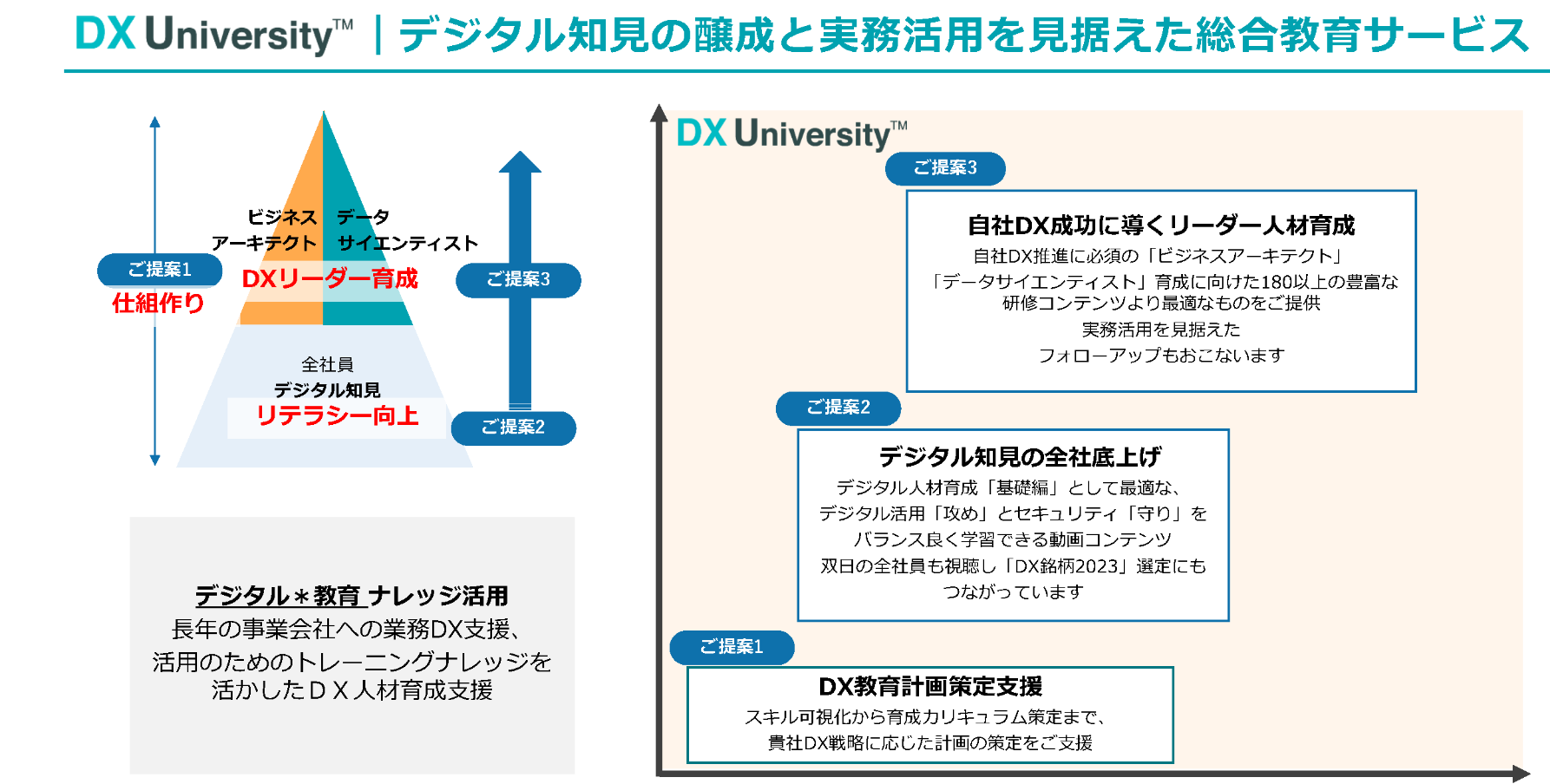 デジタル知見の醸成と実務活用を見据えたDX人材育成サービス
180以上の豊富な研修コンテンツに加え、人材育成計画策定から実務伴走支援まで提供。