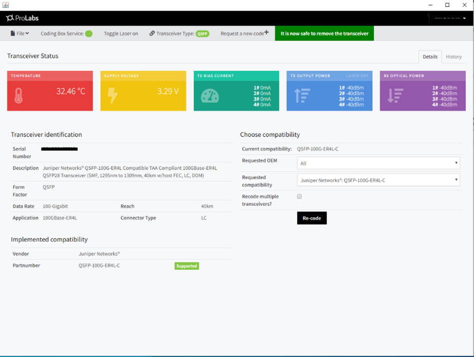 ↑ProTuneに挿した光トランシーバーの基本情報と状態が見えますね。
現在の光トランシーバーはJuniper互換の“QSFP-100G-ER4L-C”であることが確認できました。