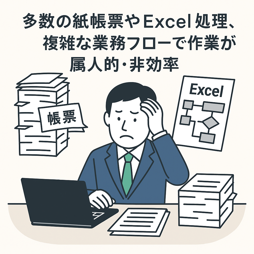 多数の紙帳票やExcel処理、複雑な業務フローで作業が属人的・非効率